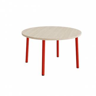 Bord Add 590, Ø1200 mm, højde 720 mm, hvidpigmenteret eg laminat på rødt stel