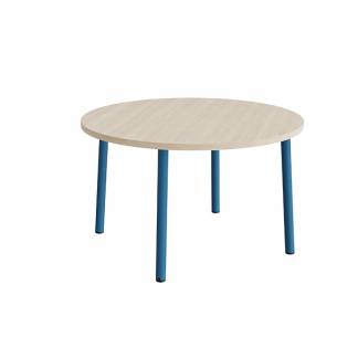 Bord Add 590, Ø1200 mm, højde 720 mm, lyddæmpende hvidpigmenteret eg laminat på blåt stel