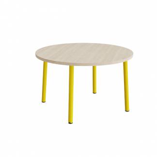 Bord Add 590, Ø1200 mm, højde 720 mm, lyddæmpende hvidpigmenteret eg laminat på gult stel