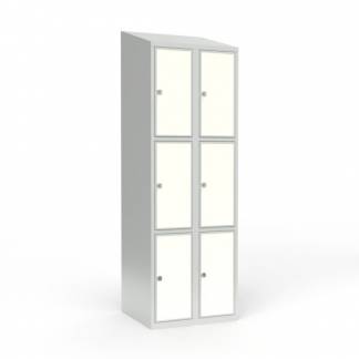 Skoleskab 2x300 Skr&aring;t tag 3 rum i h&oslash;jden Hvid laminatd&oslash;r Greb for h&aelig;ngel&aring;s