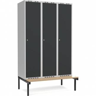 Garderobeskab 3x400mm m/lige tag, antracit d&oslash;r med cylinderl&aring;s og siddeb&aelig;nk