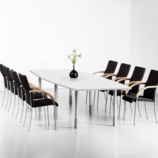 Konferencebord Consensus, Hvid 2800x1000 mm b&aring;dformet, Alugr&aring; understel