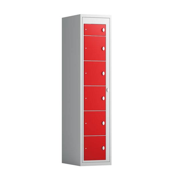 T&oslash;judleveringsskab 1x6 rum med lige tag og r&oslash;de d&oslash;re med greb f/h&aelig;ngel&aring;s