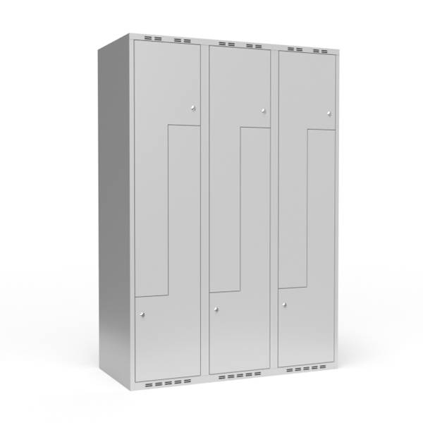 Garderobeskab 3x400 mm lige tag, 2-delt s&oslash;jle Lys gr&aring; Z-d&oslash;r m/cylinderl&aring;s