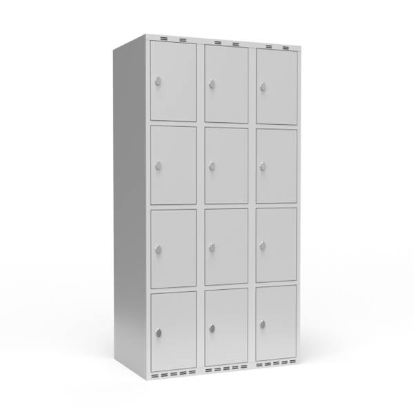 Garderobeskab 3x300 mm m/lige tag, 4 rum i h&oslash;jden og lys gr&aring; d&oslash;r m/greb for h&aelig;ngel&aring;s