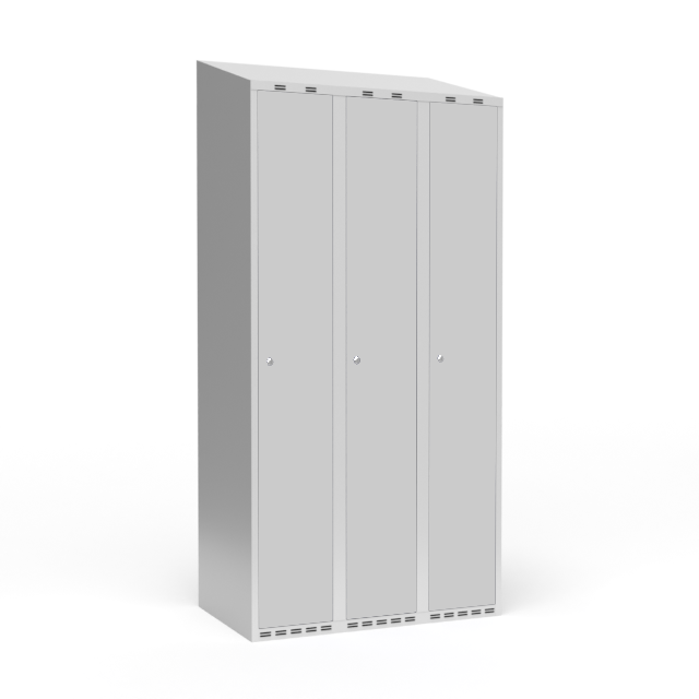 Garderobeskab 3x300 mm m/skr&aring;t tag, 1 rum i h&oslash;jden og lys gr&aring; d&oslash;r m/cylinderl&aring;s