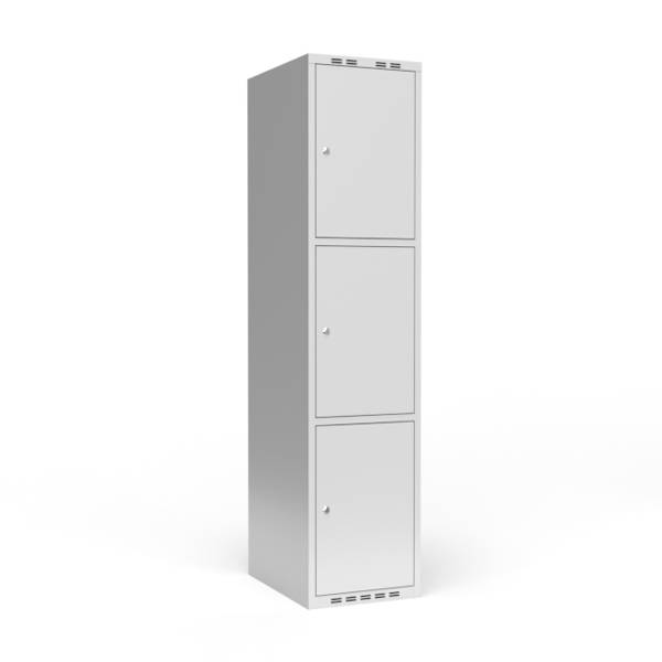 Garderobeskab 1x400 mm m/lige tag, 3 rum i h&oslash;jden og lys gr&aring; d&oslash;r m/cylinderl&aring;s