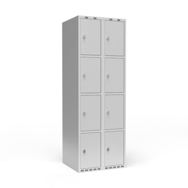 Garderobeskab 2x300 mm m/lige tag, 4 rum i h&oslash;jden og lys gr&aring; d&oslash;r m/greb for h&aelig;ngel&aring;s