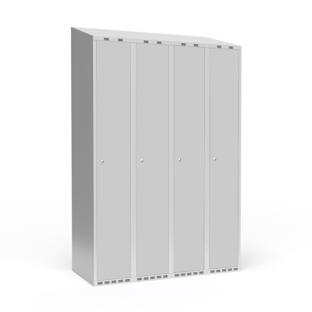 Garderobeskab 4x300 mm m/skr&aring;t tag, 1 rum i h&oslash;jden og lys gr&aring; d&oslash;r m/cylinderl&aring;s