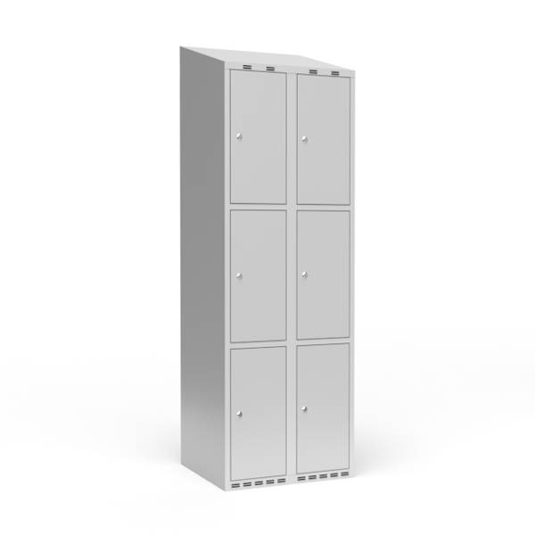 Garderobeskab 2x300 mm m/skr&aring;t tag, 3 rum i h&oslash;jden og lys gr&aring; d&oslash;r m/cylinderl&aring;s