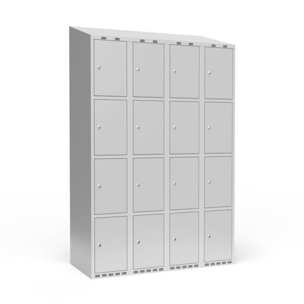 Garderobeskab 4x300 mm m/skr&aring;t tag, 4 rum i h&oslash;jden og lys gr&aring; d&oslash;r m/cylinderl&aring;s