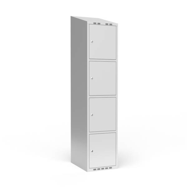 Garderobeskab 1x400 mm m/skr&aring;t tag, 4 rum i h&oslash;jden og lys gr&aring; d&oslash;r m/cylinderl&aring;s