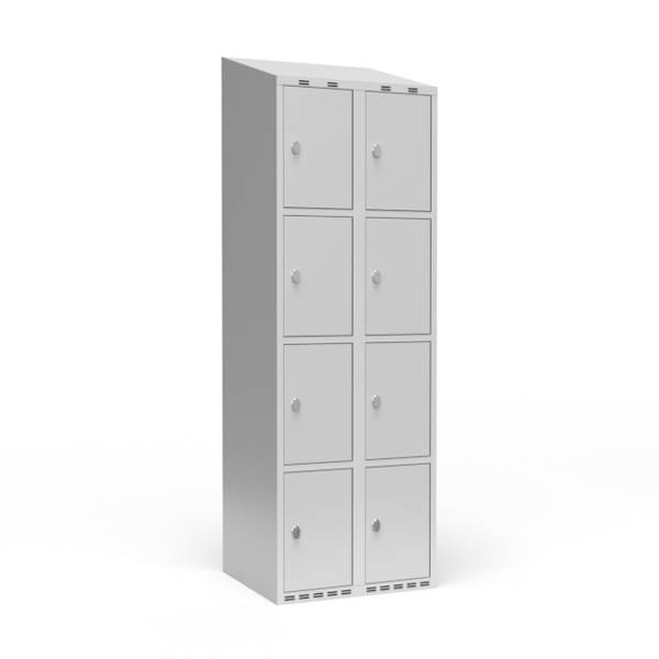 Garderobeskab 2x300 mm m/skr&aring;t tag, 4 rum i h&oslash;jden og lys gr&aring; d&oslash;r m/greb for h&aelig;ngel&aring;s