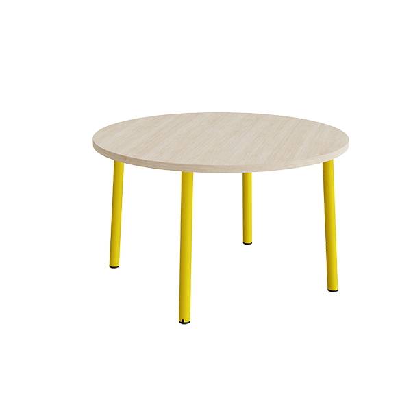 Bord Add 590, &Oslash;1200 mm, h&oslash;jde 720 mm, lydd&aelig;mpende hvidpigmenteret eg laminat p&aring; gult stel