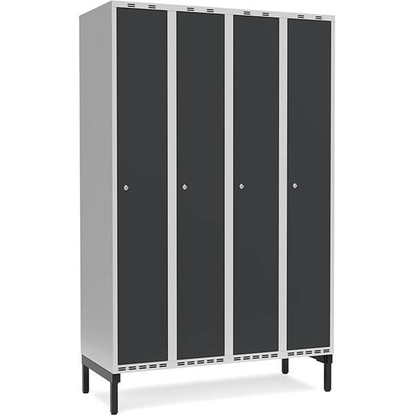 Garderobeskab 4x300mm m/lige tag, antracit d&oslash;r med cylinderl&aring;s og benramme