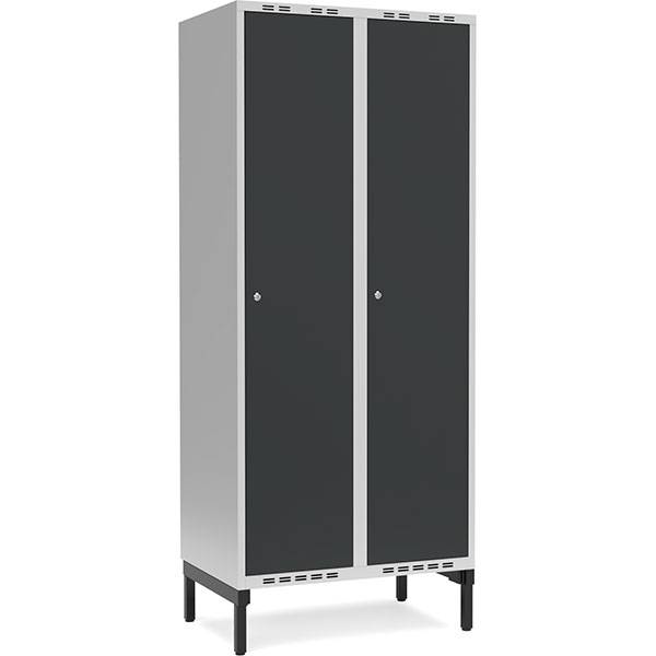 Garderobeskab 2x400mm m/lige tag, antracit d&oslash;r med cylinderl&aring;s og benramme